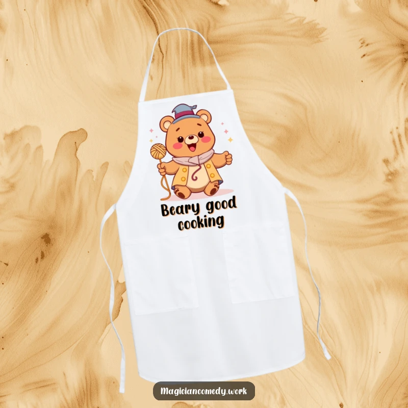 Funny bear magician apron, a happy bear levitating yarn, ready for magical culinary creations.
