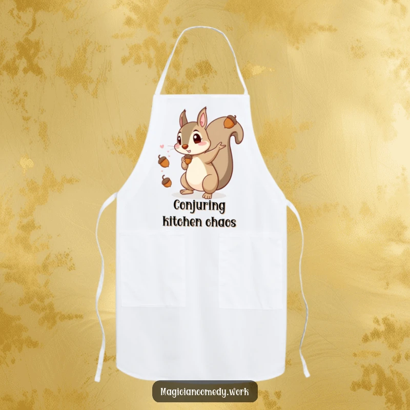 Funny apron print of a mischievous squirrel magician creating acorns, perfect for kitchen use and a humorous touch while cooking.
