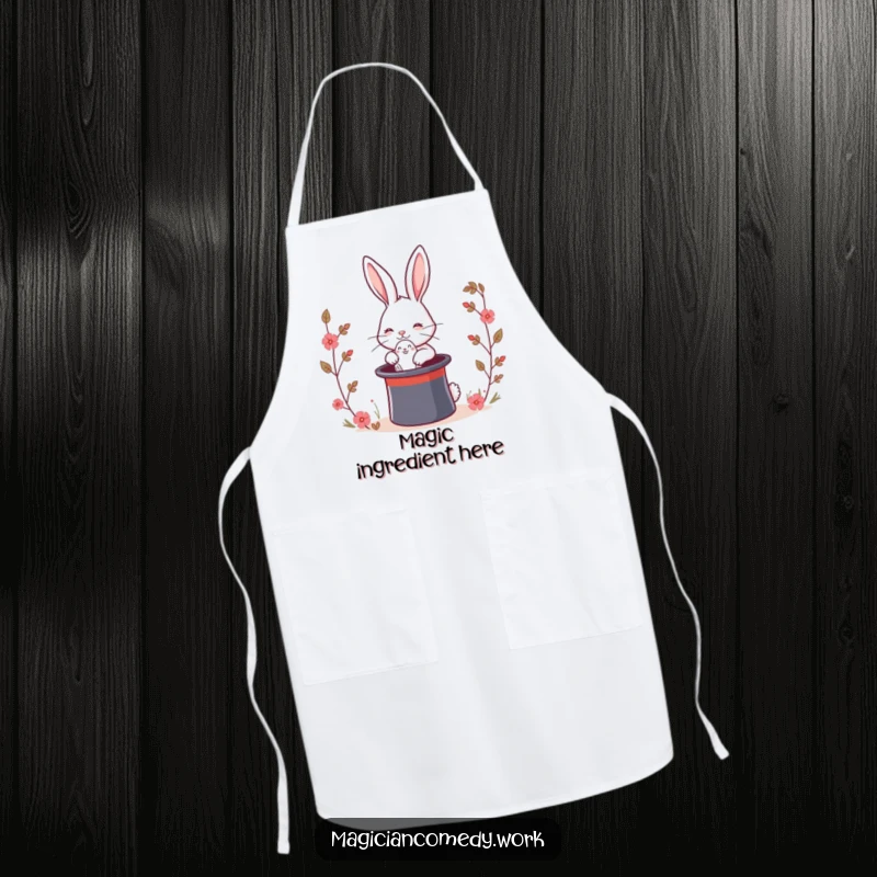 Funny magic rabbit apron showing a cute bunny pulling a rabbit from a top hat, ideal for kitchen tasks with a humorous twist.