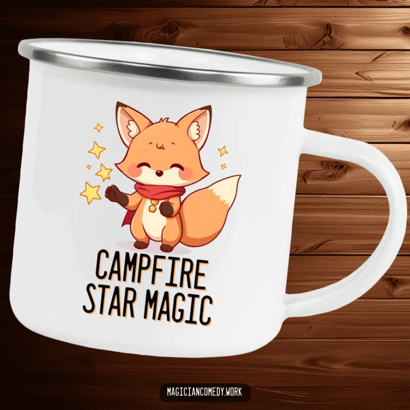 Funny fox magician camping mug, a playful fox conjuring stars, ready for magical outdoor moments.