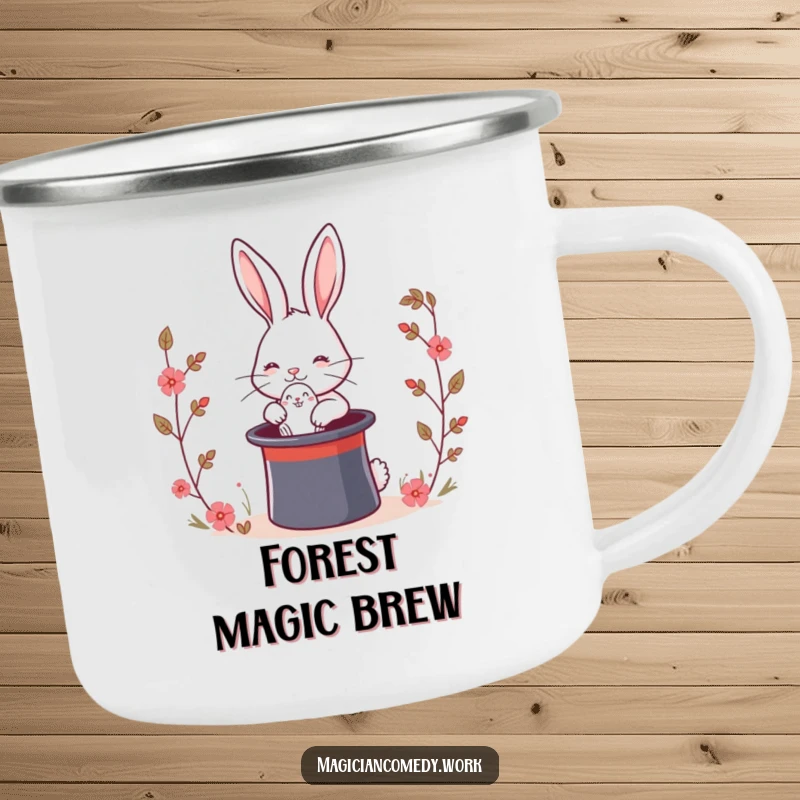 Funny magic rabbit camping mug showing a cute bunny pulling a rabbit from a top hat, perfect for outdoor drinks with a magical touch.