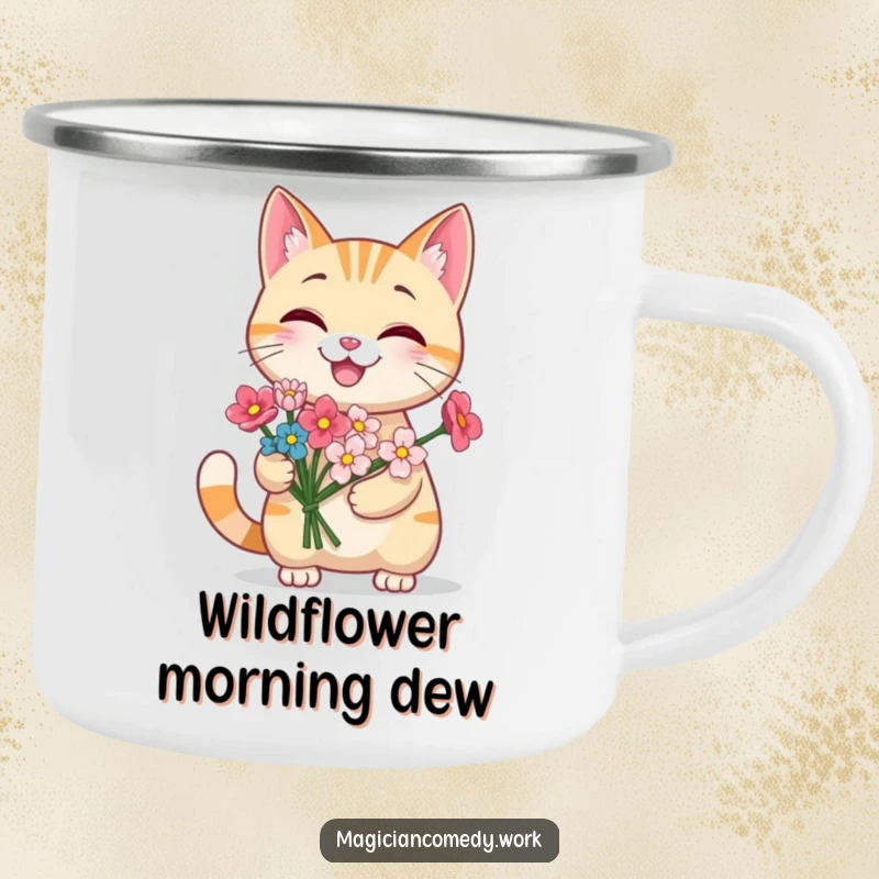 Funny grinning cat camping mug showing a cute cat producing a bouquet of flowers from its paw, perfect for outdoor drinks with floral magic.