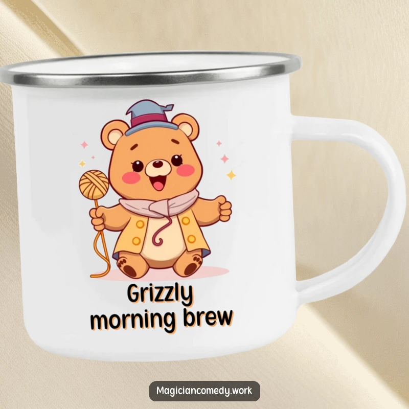 Funny bear magician camping mug, a happy bear levitating yarn, ready for magical outdoor moments.