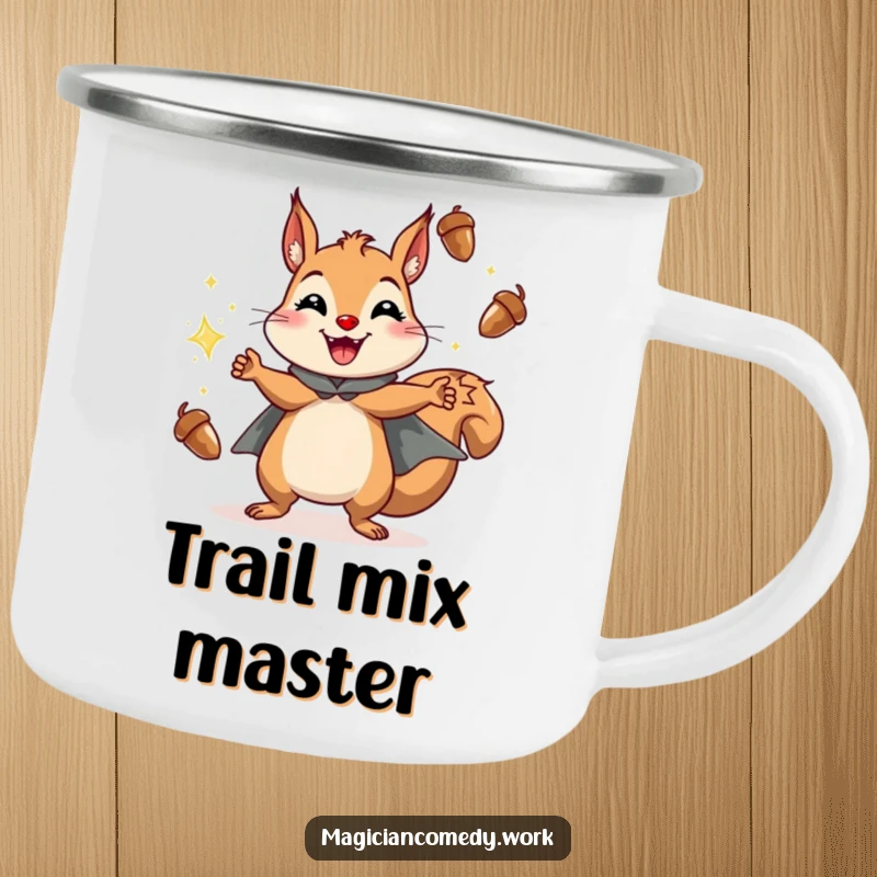 Funny squirrel juggling camping mug with a cheerful squirrel in a cape juggling sparkling acorns with a grin, for outdoors.