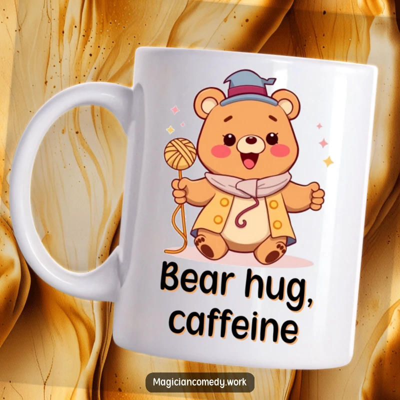 Funny bear magician mug showing a happy bear making a ball of yarn float, full of playful enchantment.