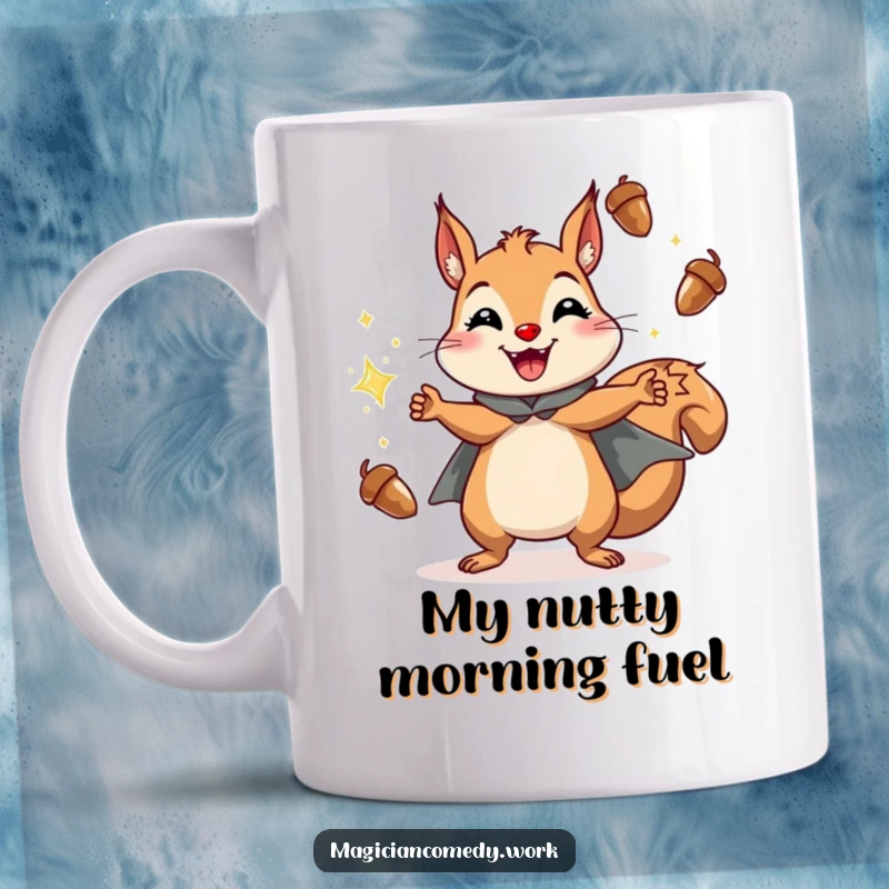 Funny squirrel magician mug featuring a cheerful squirrel in a cape juggling sparkling acorns with a grin, a delightful treat.