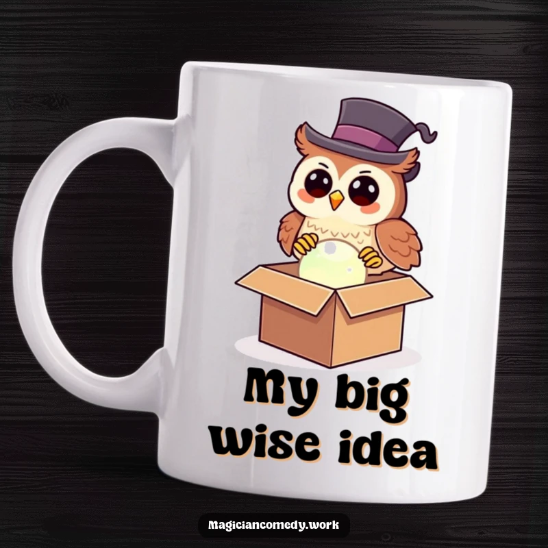 Funny owl magician mug with a happy owl in a top hat pulling a glowing orb from a box, a delightful and humorous gift.