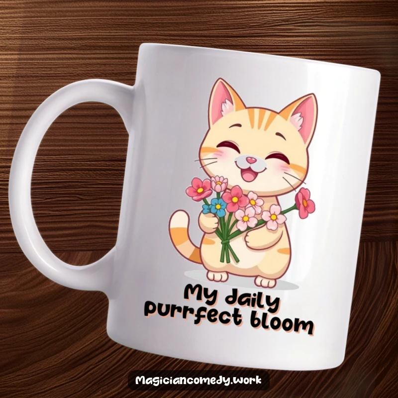Funny grinning cat mug with a cute cat producing a bouquet of flowers from its paw, showcasing a whimsical and charming floral trick.
