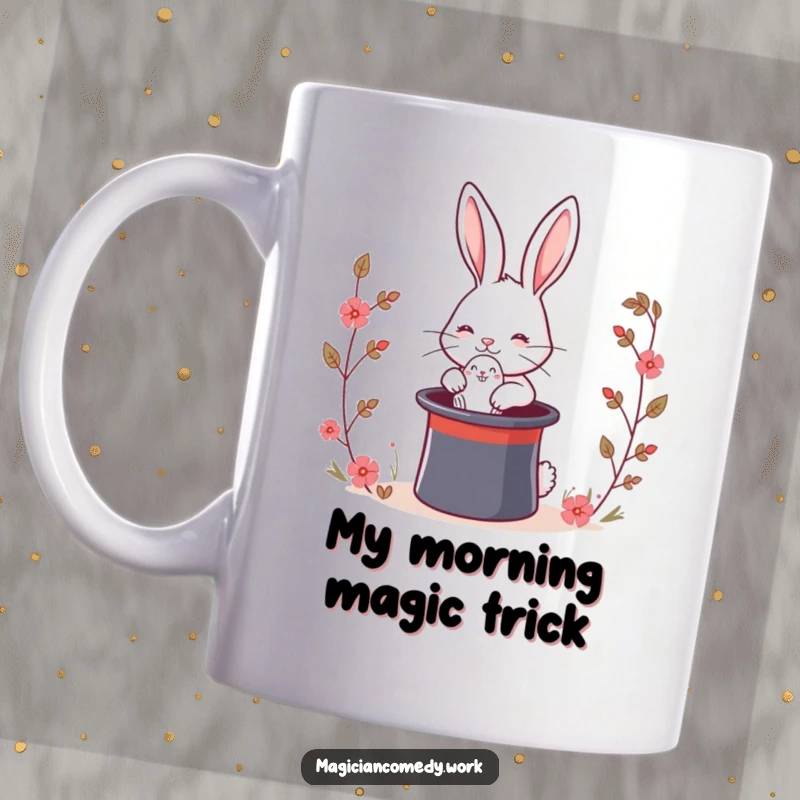 Funny magic rabbit mug with a cute bunny pulling another rabbit from a top hat, showcasing a surprising and funny magic show.