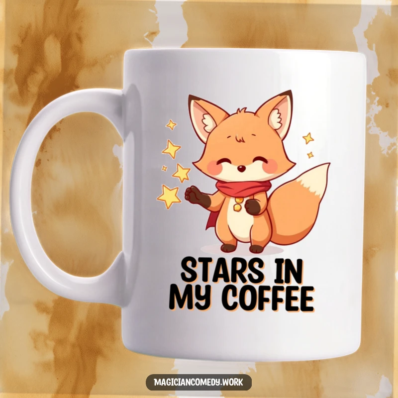 Funny fox magician mug showing a playful fox creating stars from its paws, full of whimsical energy.