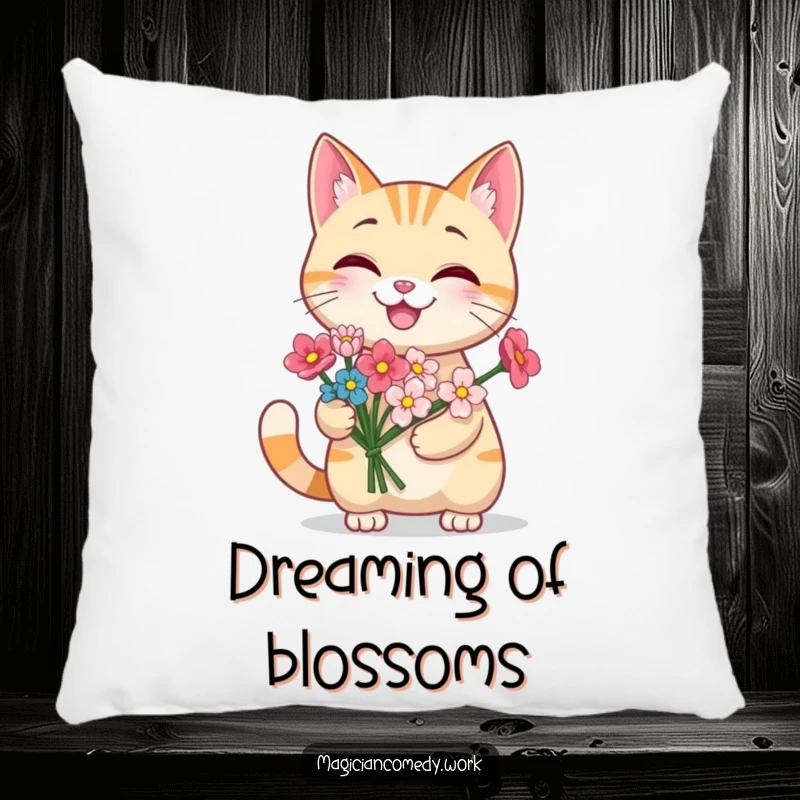 Funny grinning cat pillow featuring a cute cat producing a bouquet of flowers from its paw, offering comfort and a touch of floral whimsy.