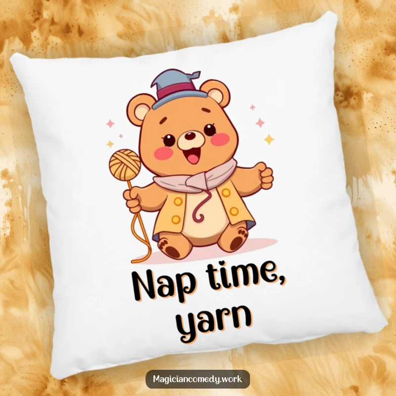 Funny bear magician pillow, a soft, happy bear levitating yarn, offering cozy and enchanting comfort.