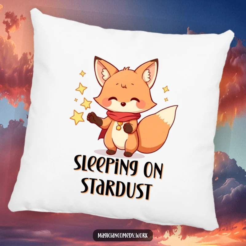 Funny fox magician pillow, a soft, playful fox conjuring stars, offering cozy and enchanting comfort.