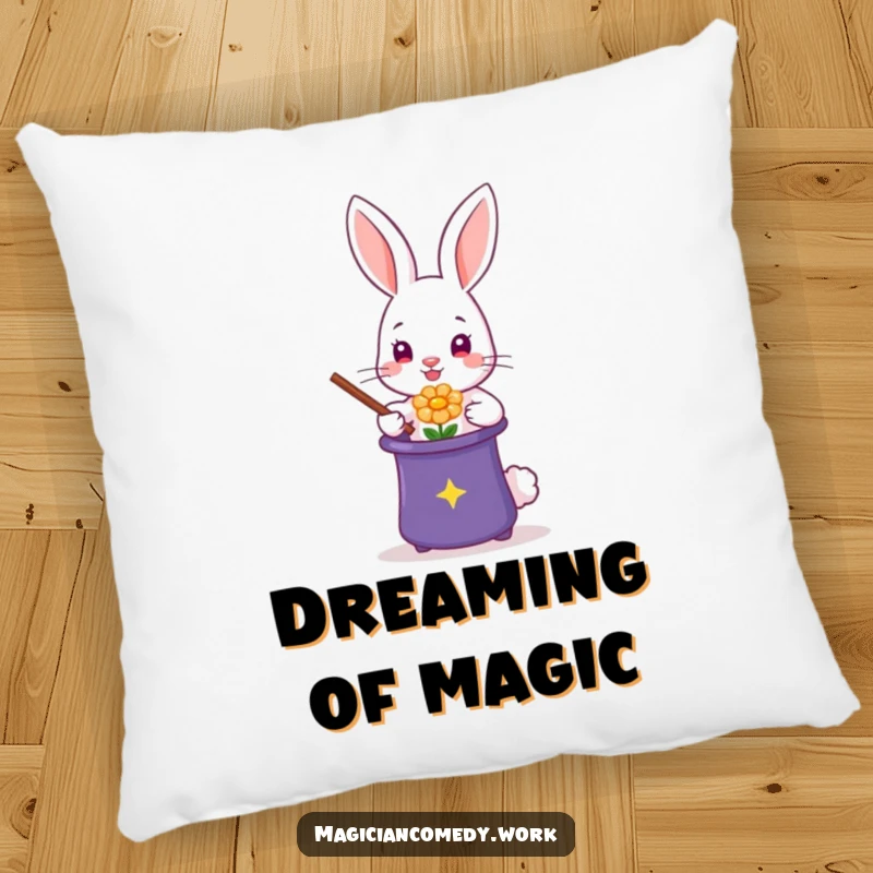 Funny rabbit magician pillow, a cute and soft bunny conjuring a flower, offering cuddly, magical comfort.