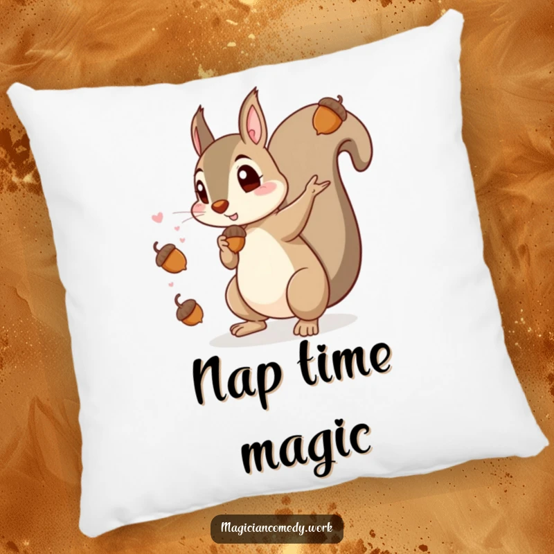 Funny pillow featuring a mischievous squirrel magician making acorns appear, perfect for decor that brings humor and comfort.