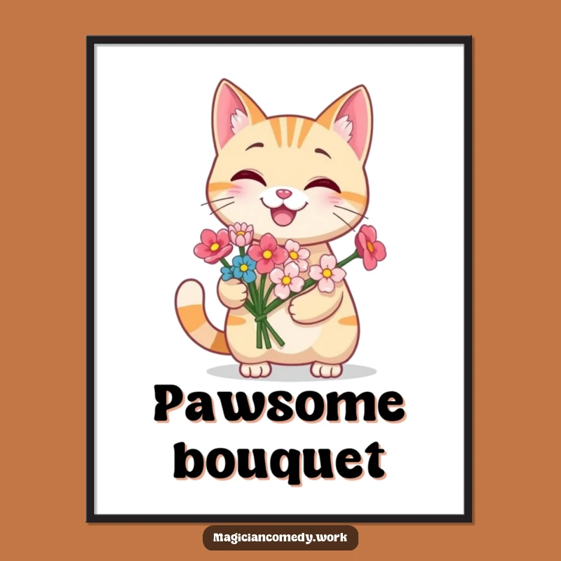 Funny Grinning Cat Flower Digital Print: Kitty Magic Art, Instant Charm Decor