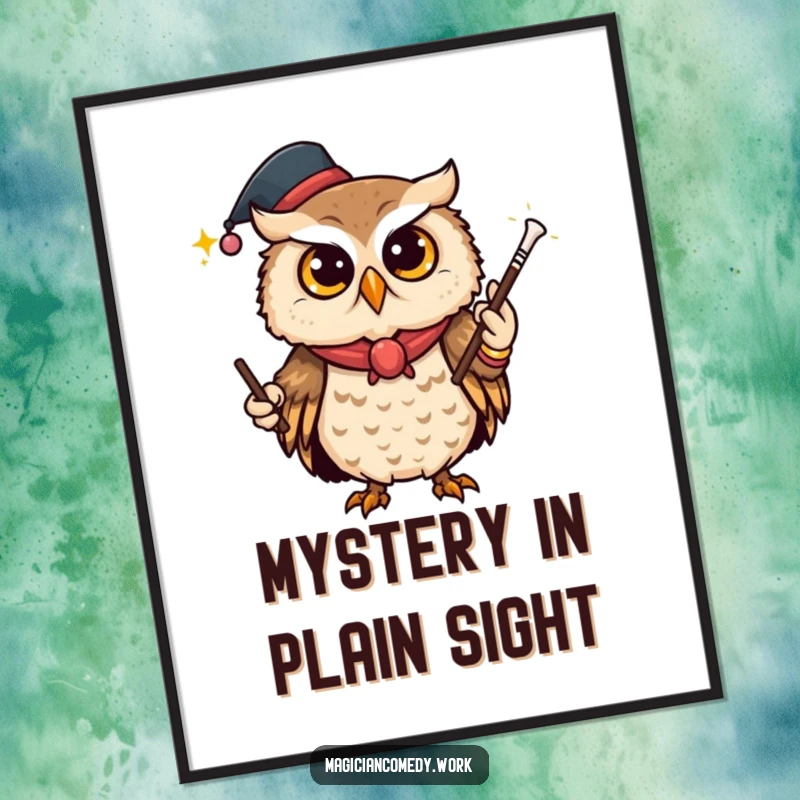 Funny owl magician digital art print, a curious owl vanishing a wand with a wink, creating a mysterious scene.