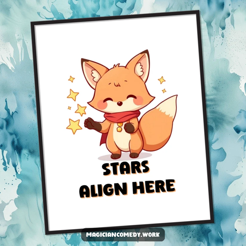 Funny fox magician digital art print, a playful fox conjuring sparkling stars, creating a whimsical and magical scene.