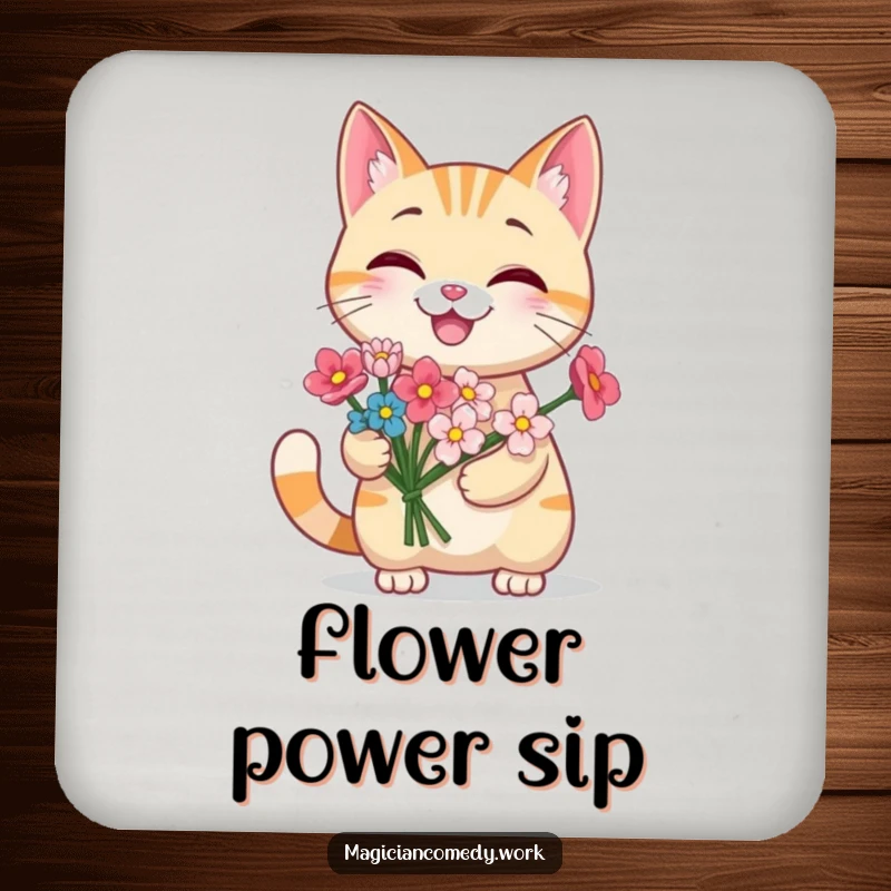 Funny grinning cat coaster set with a cute cat producing a bouquet of flowers from its paw, protecting surfaces with floral charm.