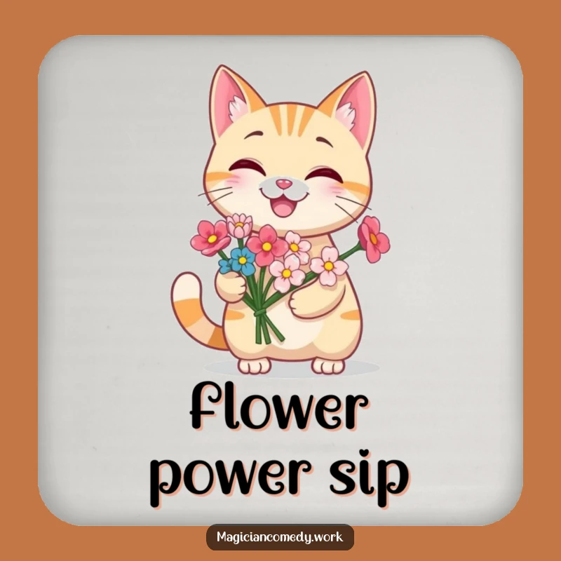 Funny Grinning Cat Flower Coaster Set: Kitty Bouquet Protection, Gift