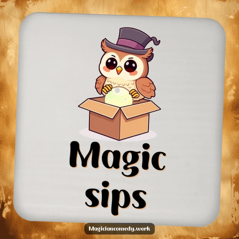 Funny owl magician coaster showing a happy owl in a top hat pulling a glowing orb from a box, protecting surfaces.