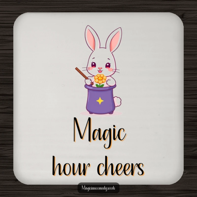 Funny rabbit magician coaster, a cute bunny performing a flower trick, adding magical charm to tabletops.