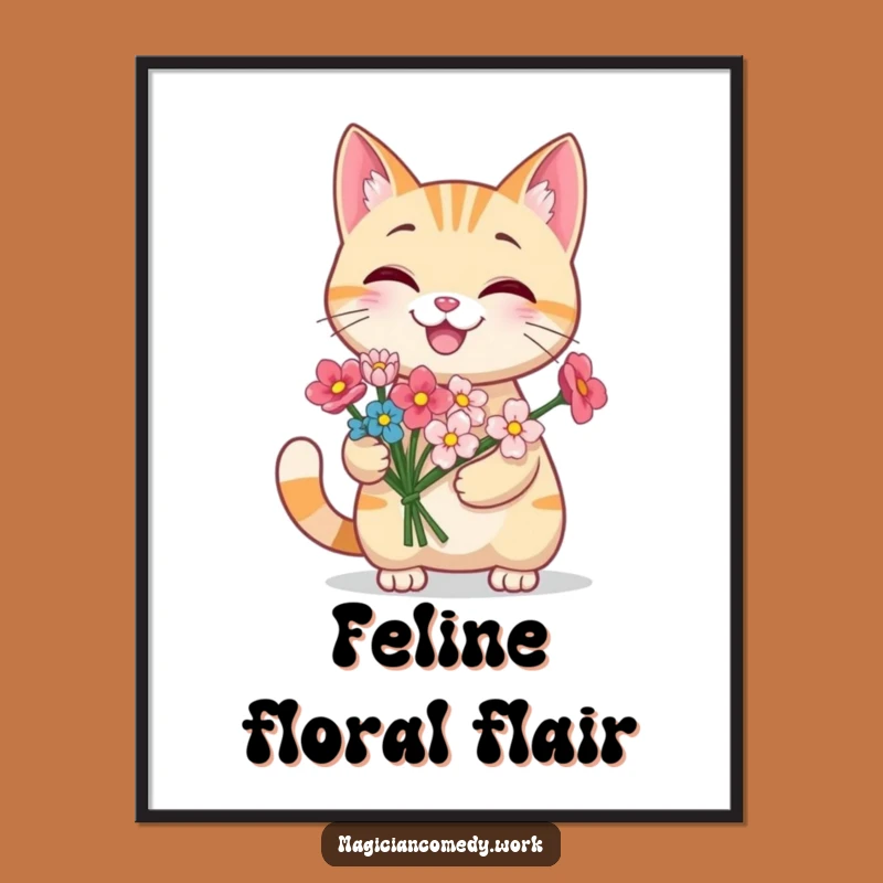 Funny Grinning Cat Flower Poster: Kitty Magic Art, Whimsical Wall Decor Gift