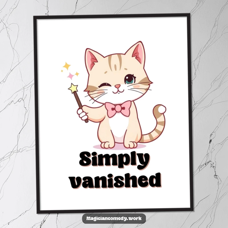 Funny poster art of a whiskered cat in a bowtie making a wand disappear, adding sophisticated humor and mystery.