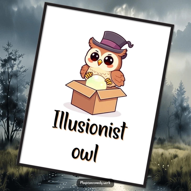 Funny owl magician poster featuring a happy owl in a top hat pulling a magical glowing orb from a box, whimsical wall art.