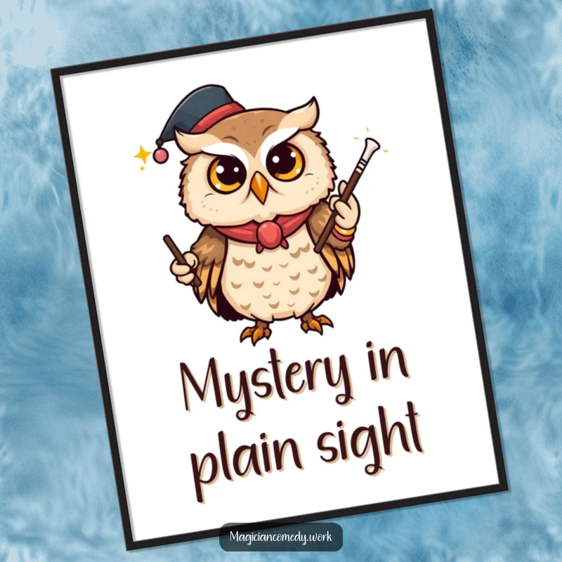 Funny owl magician poster, a curious owl winking as it makes a wand vanish, creating a mysterious and wise scene.