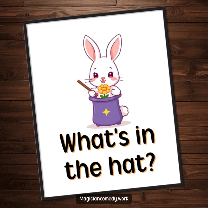 Funny rabbit magician poster, a cute bunny pulling a flower from a hat, creating a magical and charming scene.