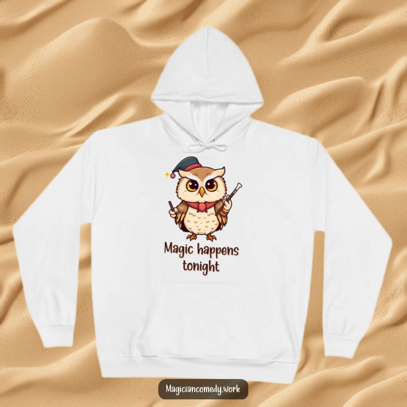 Funny owl magician hoodie, a curious owl vanishing a wand, offering cozy and mysterious vibes.