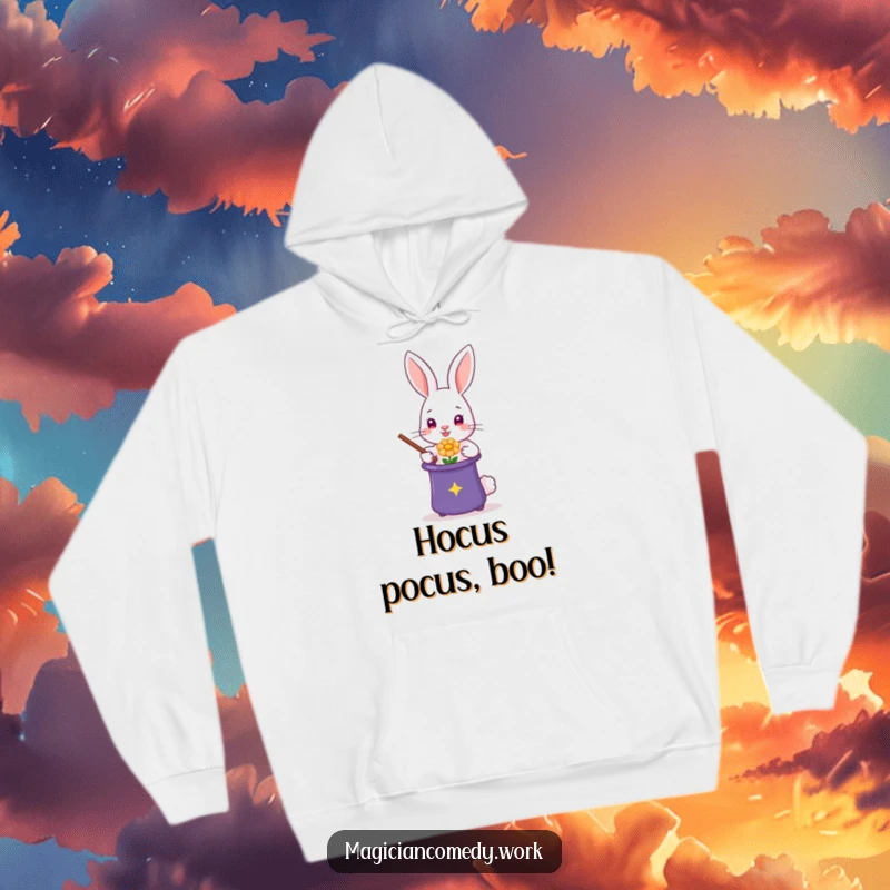 Funny rabbit magician hoodie, a cute bunny conjuring a flower from a hat, offering cozy, magical vibes.