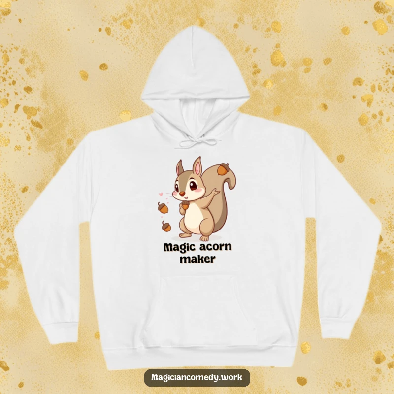 Funny hoodie showcasing a mischievous squirrel magician magically producing acorns, designed for warmth and a good chuckle, ideal for gifting.