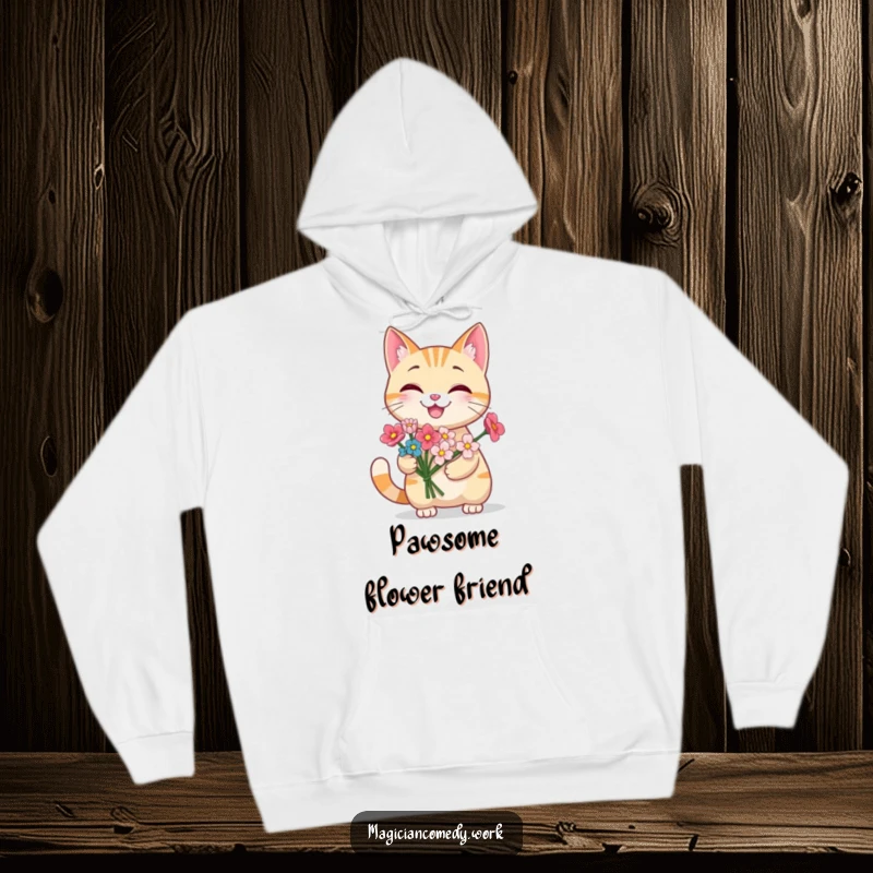 Funny grinning cat hoodie with a cute cat producing a bouquet of flowers from its paw, offering cozy comfort and floral magic.