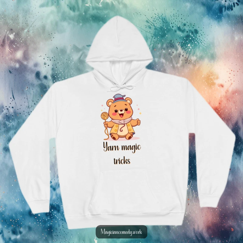 Funny bear magician hoodie, a happy bear levitating yarn, offering cozy and enchanting vibes.