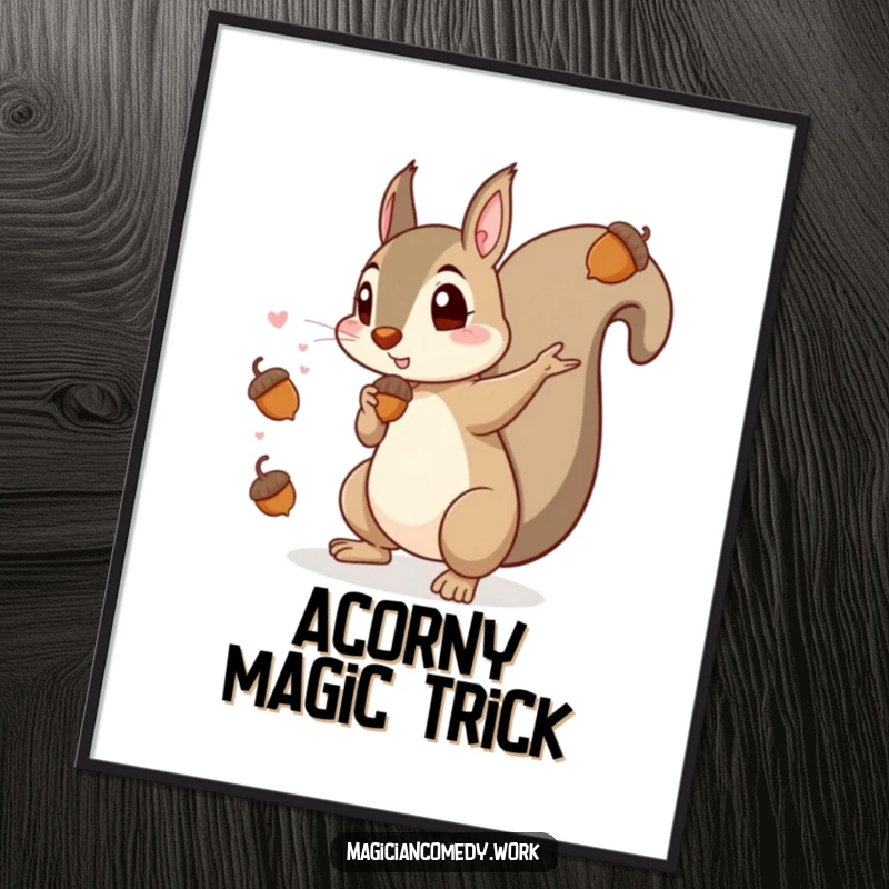 Funny Free Printable Wall Art: A mischievous squirrel magician conjuring acorns from thin air, adding a whimsical and humorous touch to any room.