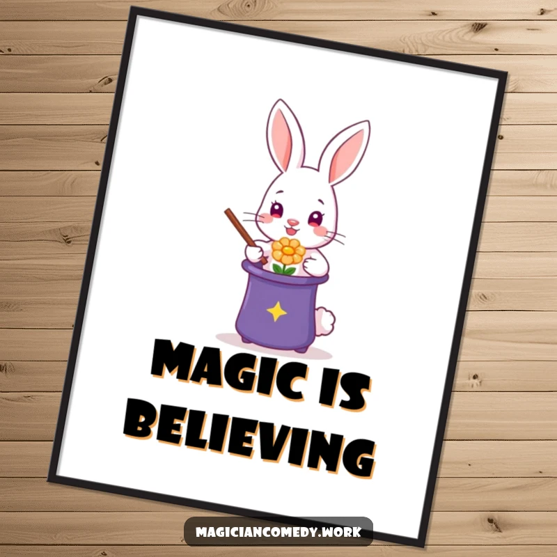 Funny Free Printable Wall Art: Adorable rabbit magician in a top hat pulls a vibrant flower from a hat.