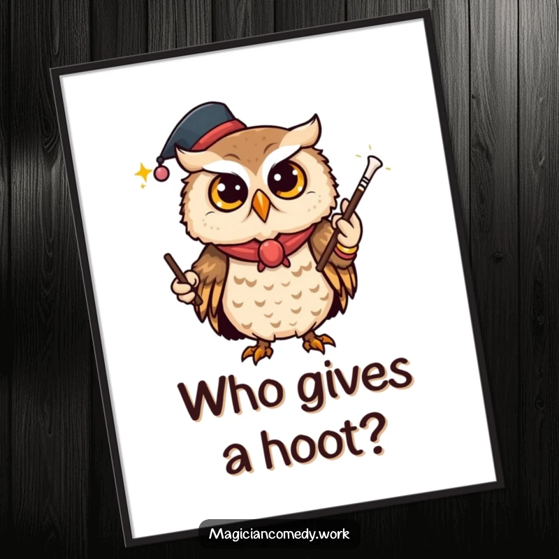 Funny Free Printable Wall Art: A curious owl magician winks mischievously as a magic wand disappears into thin air.