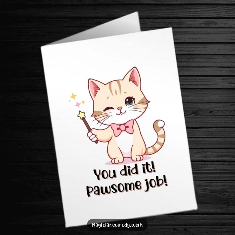 Funny Free Printable Congratulations Card: A whiskered cat in a bowtie uses its paw to make a wand vanish.