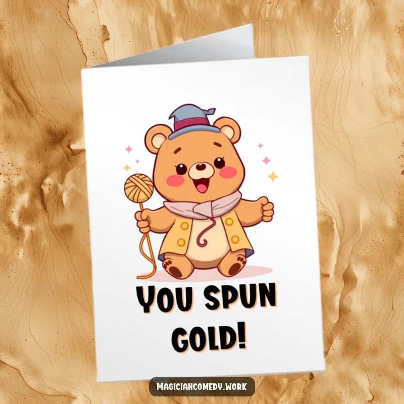 Funny Free Printable Congrats Card: A happy bear magician magically levitates a ball of yarn, celebrating success.