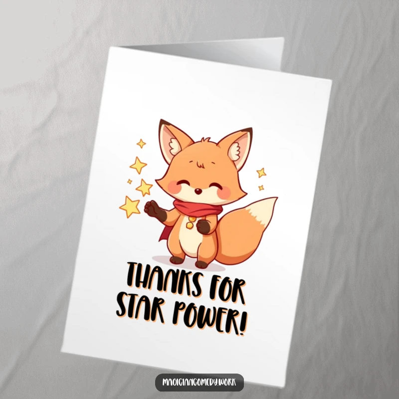 Funny Free Printable Thank You Card: A whimsical fox magician conjures glowing stars from its paws, a magical thank you.