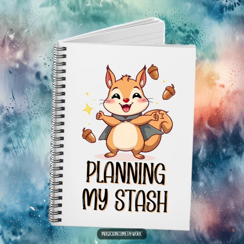 Funny squirrel juggling notebook featuring a cheerful squirrel in a cape juggling sparkling acorns with a grin, for writing.