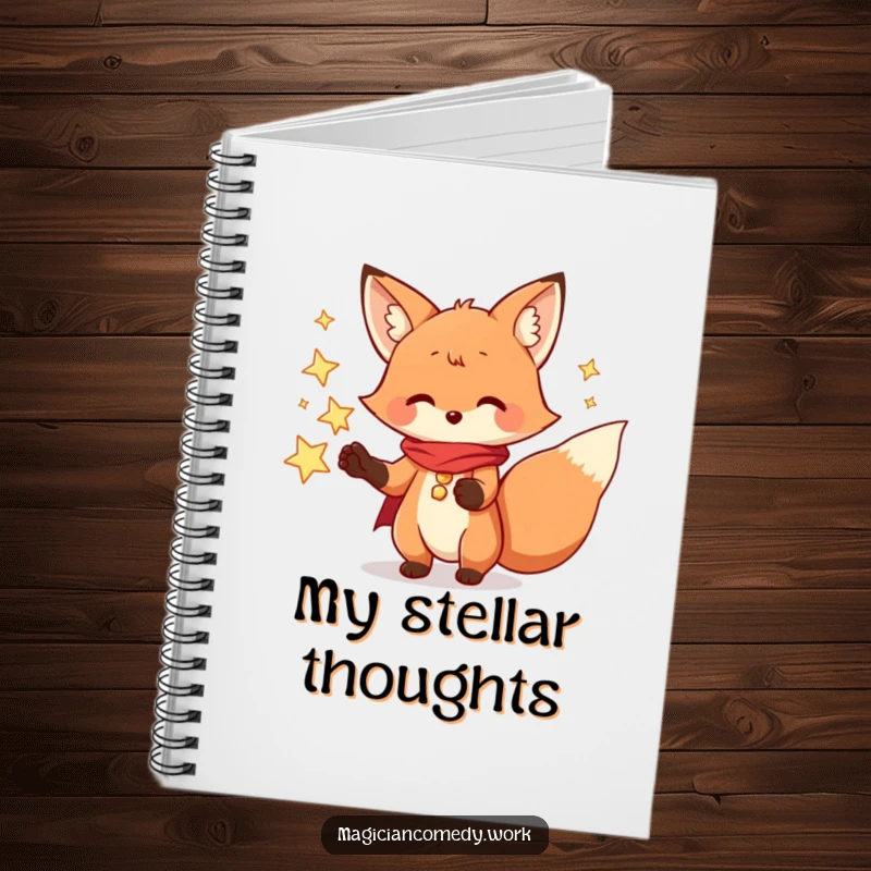 Funny fox magician notebook, a playful fox conjuring stars, perfect for writing magical plans and notes.