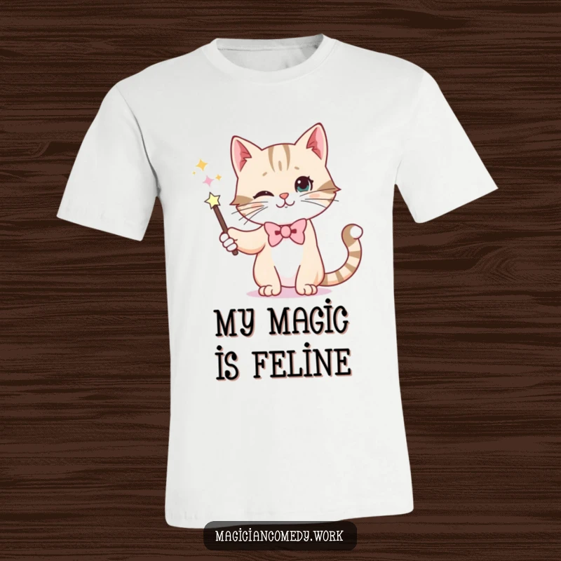 Funny t-shirt depicting a dapper cat in a bowtie, expertly making a magic wand disappear with its paw, looking sly.