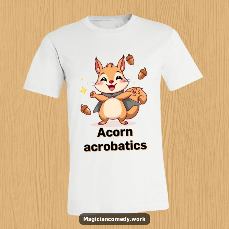Funny squirrel juggling t-shirt with a cheerful squirrel in a cape grinning while juggling sparkling acorns, a playful design.