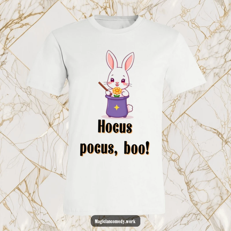 Funny rabbit magician t-shirt, a cute bunny artist performing a flower trick from a hat, charmingly magical.