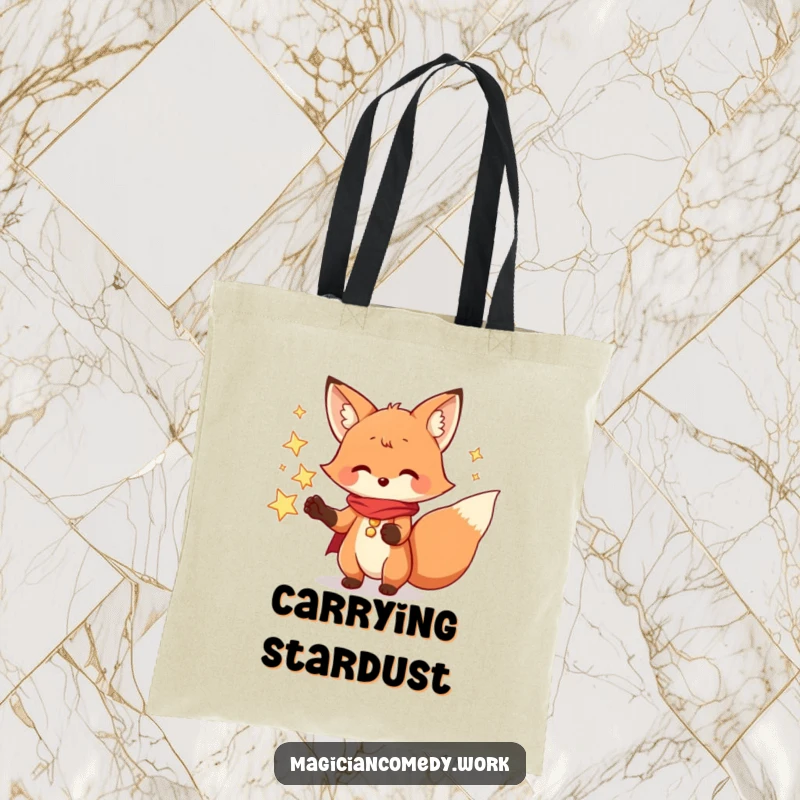Funny fox magician tote bag, a playful fox creating stars, perfect for carrying magical essentials.